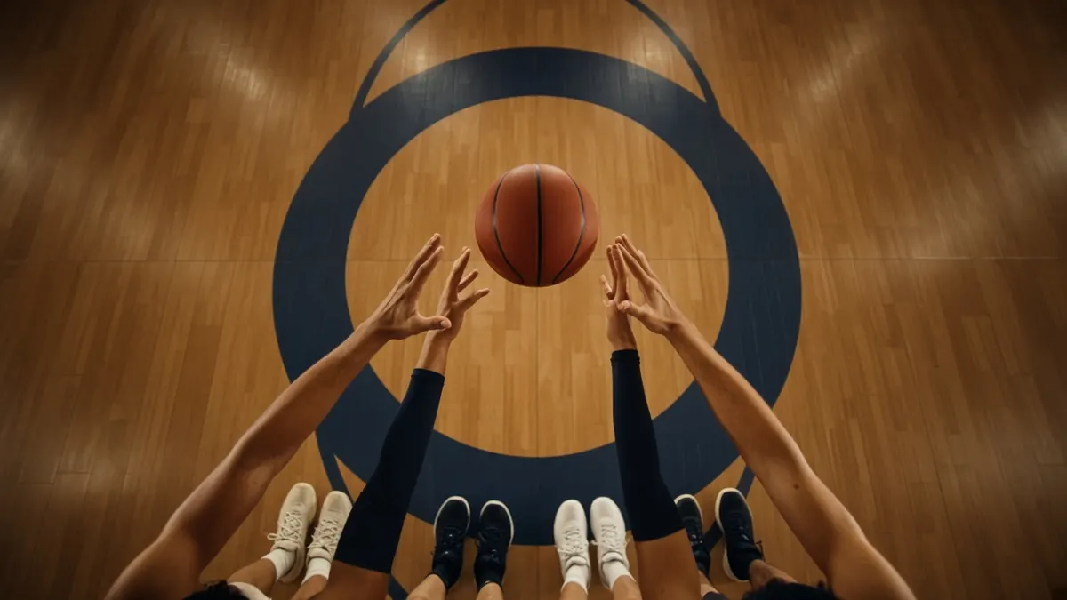 Overhead illustration of a basketball tip-off at center court