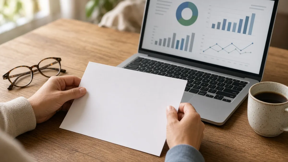 Illustration of a person reviewing a paper statement next to a laptop dashboard