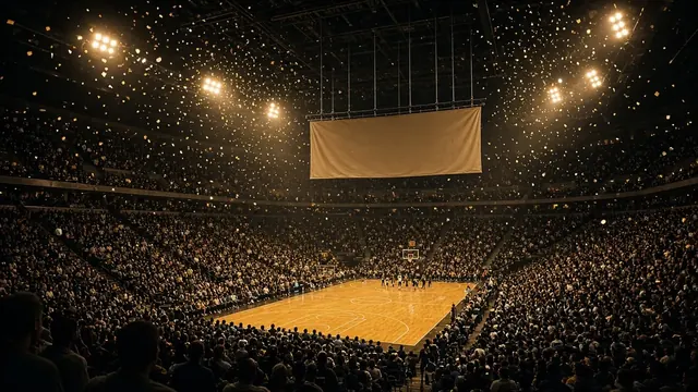 Illustration of a packed basketball arena with a plain banner rising into the rafters under falling confetti
