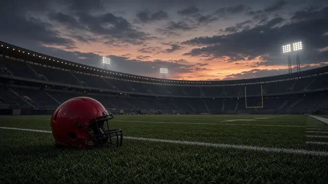 Illustration of a plain red football helmet resting on the grass of an empty stadium at dusk
