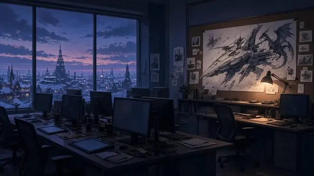 Illustration of an empty game studio office at dusk with dark monitors and fantasy concept art pinned to a board