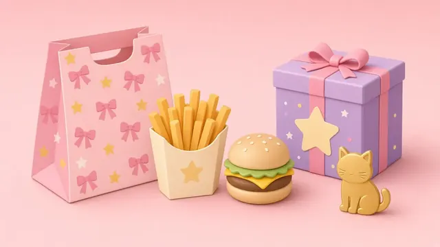 Illustration of a pastel kids' meal bag with fries, a small burger, a gift box and a tiny gold cat figurine