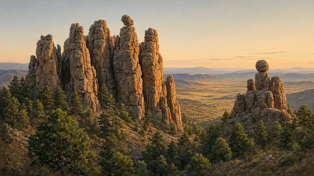 Painting of tall rhyolite rock spires and balanced rocks above a pine forest in southeastern Arizona at golden hour
