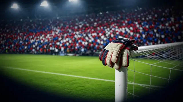 Illustration of goalkeeper gloves resting on a goalpost with a red, white and blue crowd blurred in the stadium behind