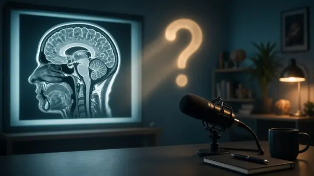 Illustration of a brain MRI scan glowing on a lightbox beside a podcast microphone in a dim office