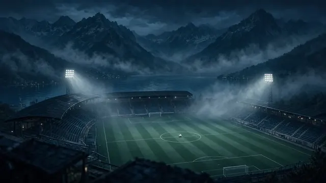 Illustration of a floodlit lakeside soccer stadium with misty mountains behind and a ball on the center spot