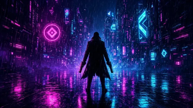 Illustration of a silhouetted figure holding two pistols on a rainy neon city street