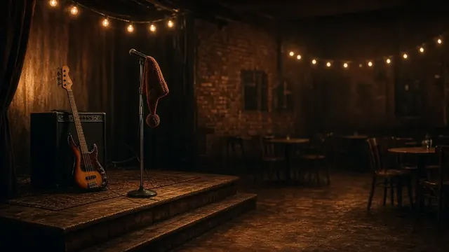 Illustration of an empty bar stage with a bass guitar by an amplifier and a knit cap hanging on a microphone stand