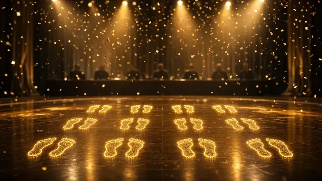 Illustration of a golden-lit ballroom dance floor with glowing footprints and confetti in front of a judges' table