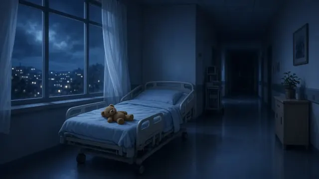 Illustration of a quiet hospital corridor at night with an empty child's bed and a small teddy bear on the blanket