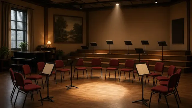 Illustration of an empty high school choir room with red chairs in a semicircle, a piano and music stands under warm light