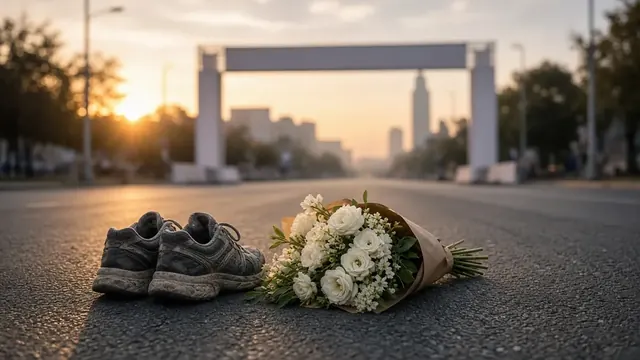 Illustration of worn running shoes and white flowers on an empty road at dawn near a race finish arch