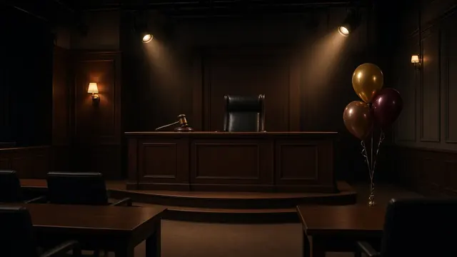 Illustration of an empty TV courtroom set with a gavel on the bench and birthday balloons beside it