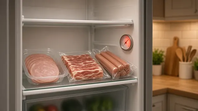 Illustration of plain unlabeled packages of deli meat, bacon and hot dogs in a home refrigerator with a warm-reading thermometer
