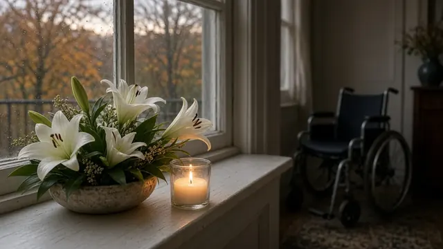 Illustration of white lilies and a lit candle on a windowsill at dusk with autumn trees outside