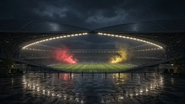 Illustration of a modern roofed soccer stadium at night in the rain with red and yellow smoke drifting in the stands