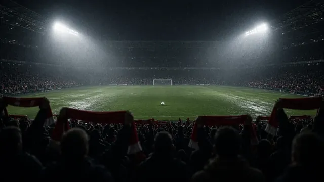 Illustration of fans holding up red scarves in a rain-soaked stadium under floodlights