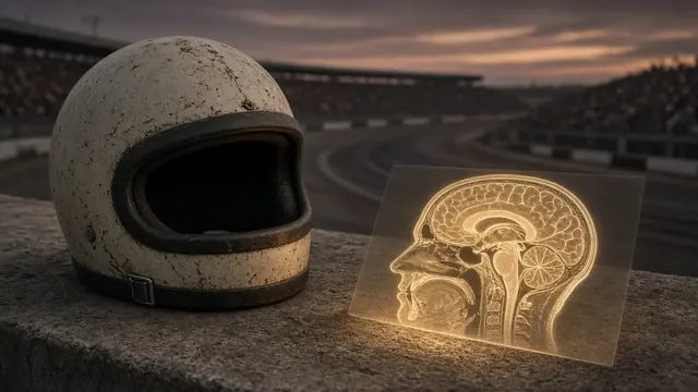 Illustration of a vintage racing helmet on a workbench beside a glowing brain scan image