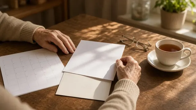 Illustration of an older adult's hands at a kitchen table with a blank notice, a calendar, glasses and tea