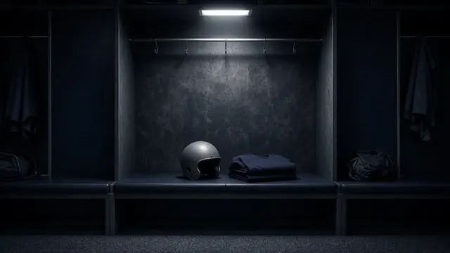 Illustration of an emptied football locker with a plain helmet and folded jersey under a single light