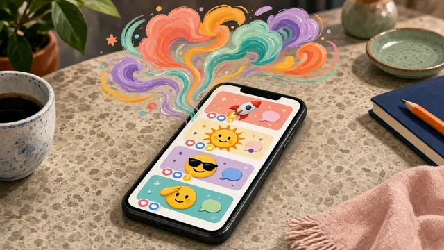 Illustration of a smartphone on a table showing a blurred social media feed filled with emoji reactions