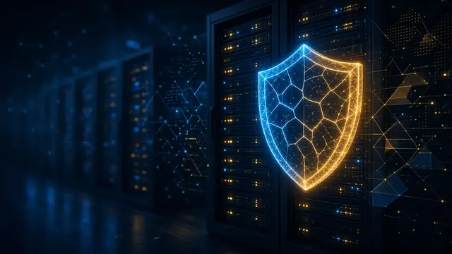 Illustration of a glowing digital shield in front of server racks in a dark data center