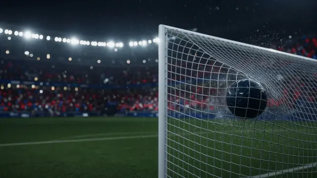 Illustration of a soccer ball hitting the back of the net under stadium floodlights with a red and blue crowd blurred behind