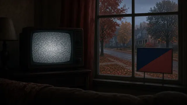 Illustration of an old television showing static in a dim living room with a blank campaign sign in the window