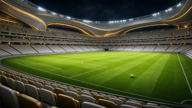Illustration of a large modern soccer stadium at night with a metallic facade and a ball on a bright green pitch