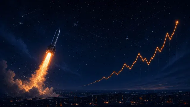Illustration of a rocket launching at night beside a glowing rising chart line under a starry sky