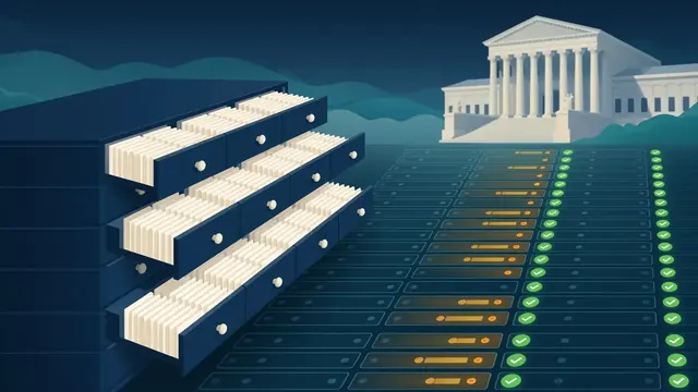 Illustration of rows of file drawers and glowing database rows being checked off in front of a columned government building
