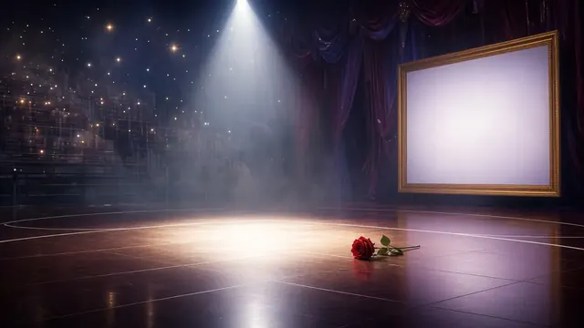 Illustration of a spotlit empty dance floor with a single red rose lying near a blank glowing frame