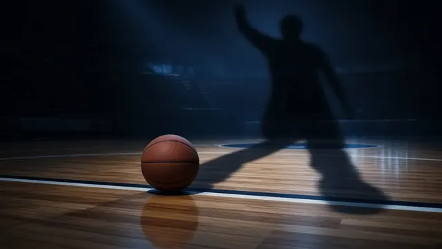 Illustration of a basketball on a dark hardwood court with a tall shot-blocker's shadow stretching across the floor
