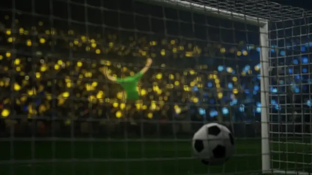 Illustration of a soccer ball nestled in a goal net with blurred green-shirted players celebrating under stadium lights