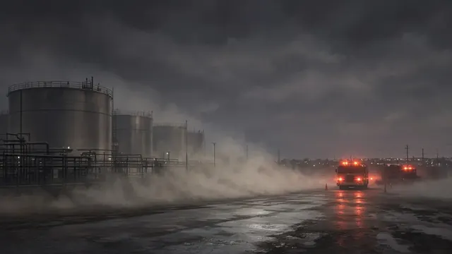Illustration of an industrial tank terminal in fog with a pale vapor plume and fire trucks blocking a road at night
