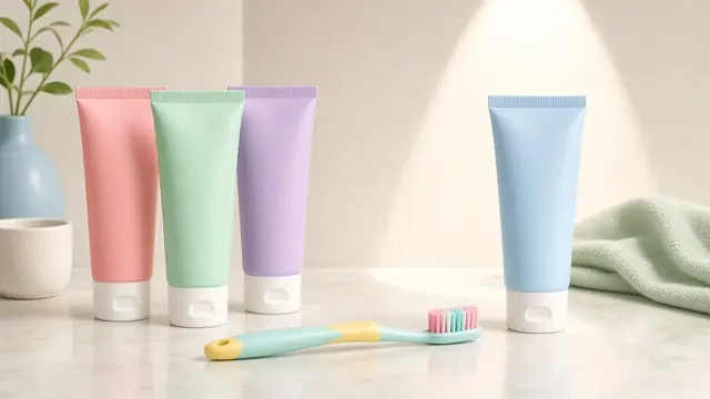 Illustration of plain pastel toothpaste tubes and a child's toothbrush on a bathroom counter
