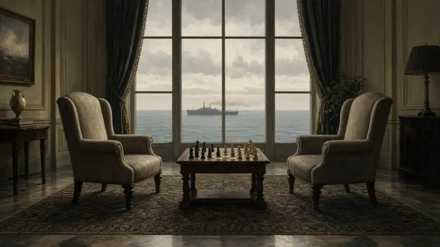 Illustration of two empty armchairs facing each other over a chessboard with a distant warship visible through a window
