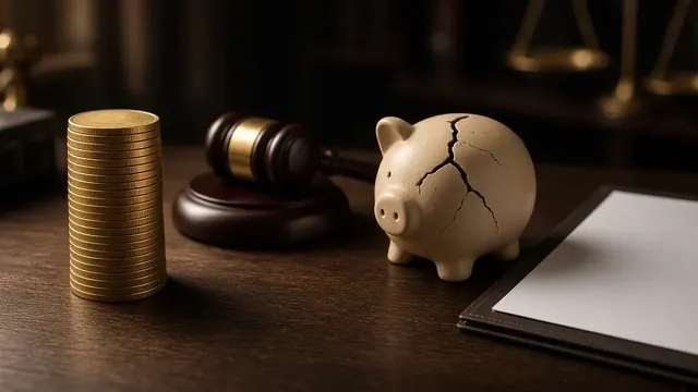 Illustration of stacked gold coins beside a wooden gavel and a cracked piggy bank on a desk