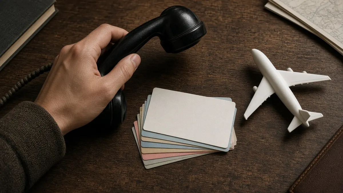 Illustration of a hand holding a telephone receiver beside a stack of travel tickets and a small airplane model