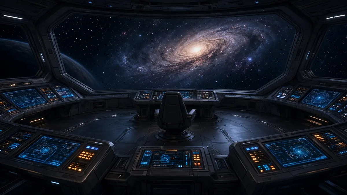Illustration of an empty starship bridge looking out at a distant galaxy