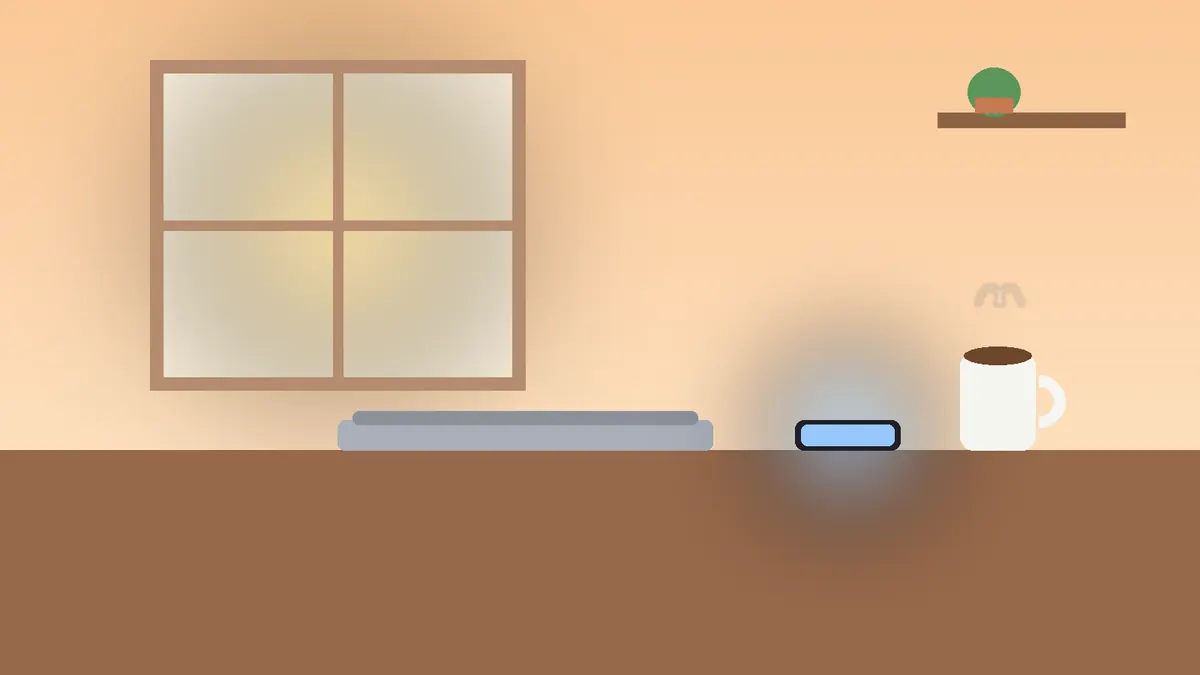 Illustration of a calm home office at sunrise with a laptop closed and a phone glowing beside a cup of coffee