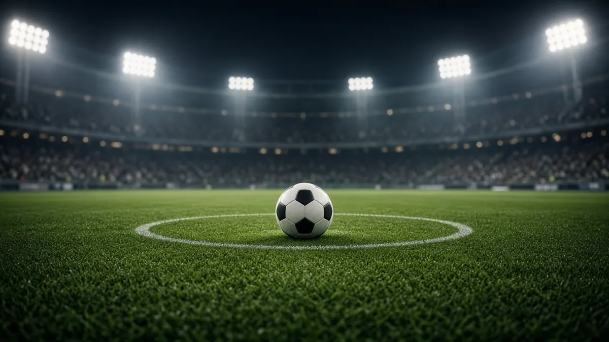 Illustration of a soccer ball on the center spot of a floodlit pitch moments before kickoff