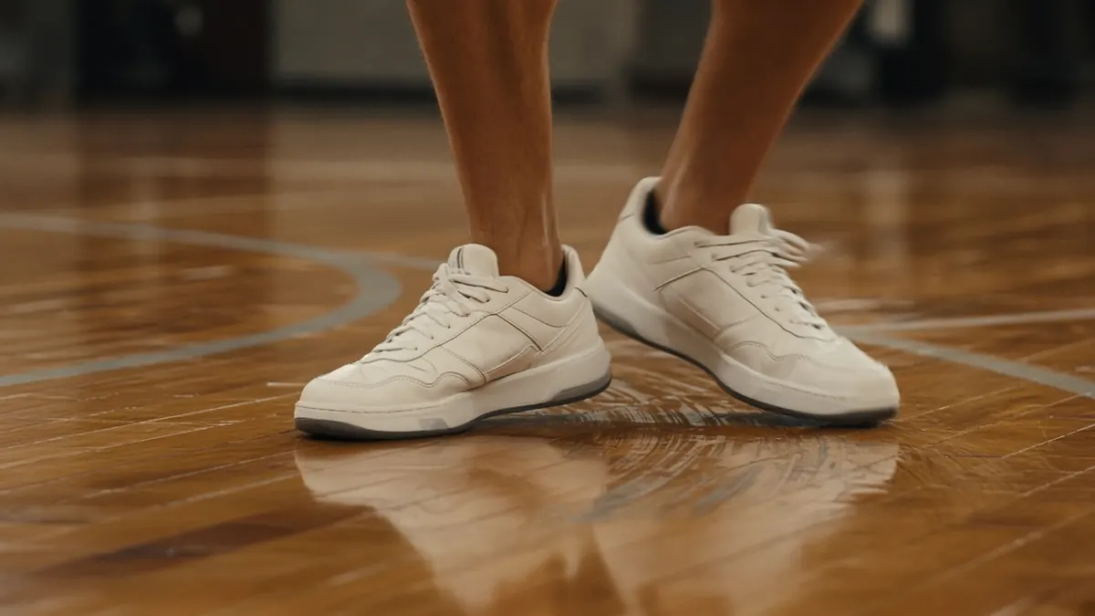 Illustration of a basketball player's sneakers pivoting on a hardwood court