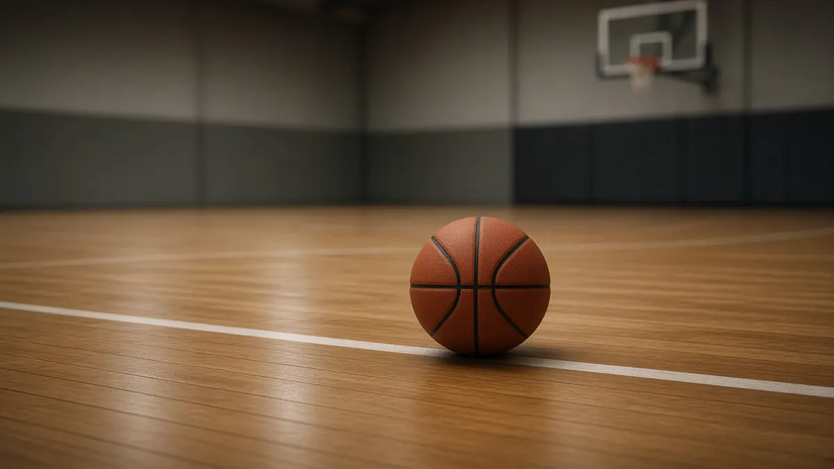 Illustration of a basketball resting on the free-throw line of an empty court