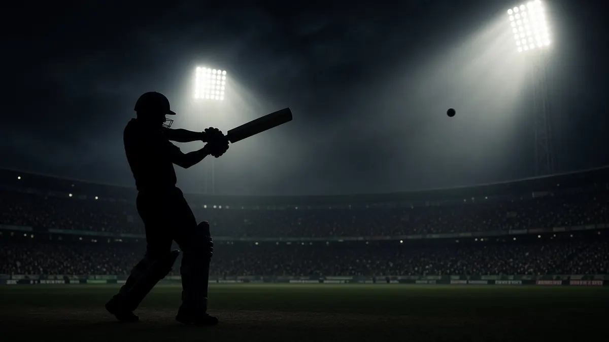 Illustration of a batter's silhouette swinging under stadium floodlights as a ball sails toward the boundary