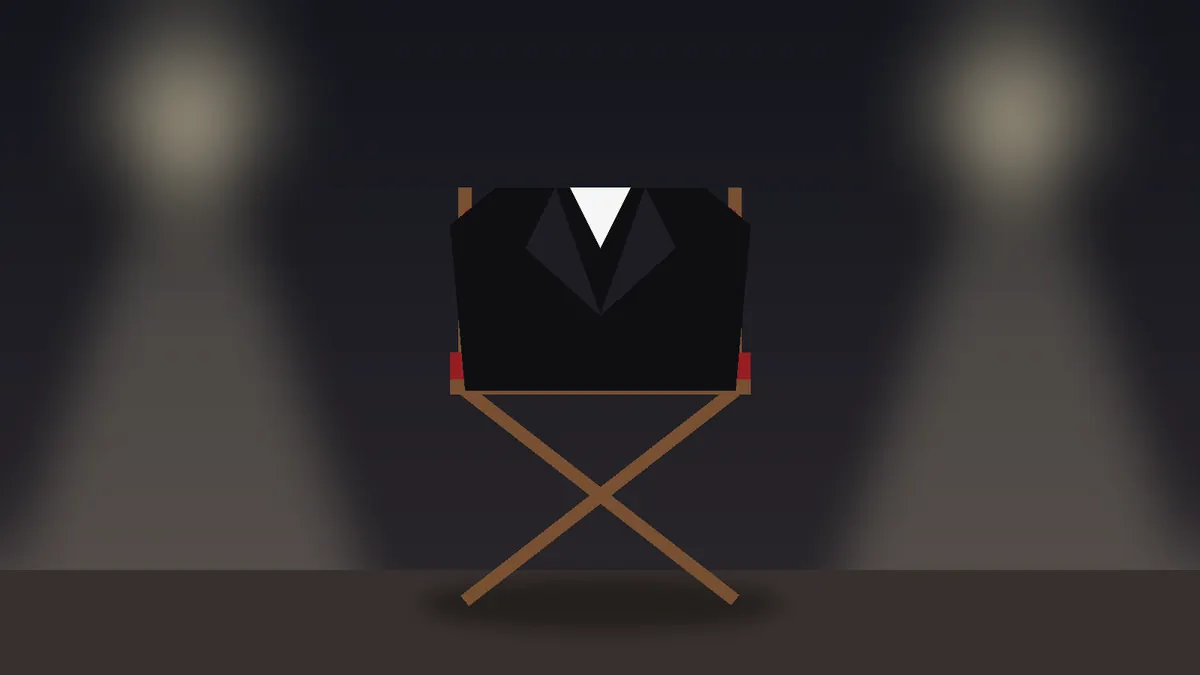 Illustration of an empty film set with a tuxedo jacket draped over a director's chair and studio lights glowing