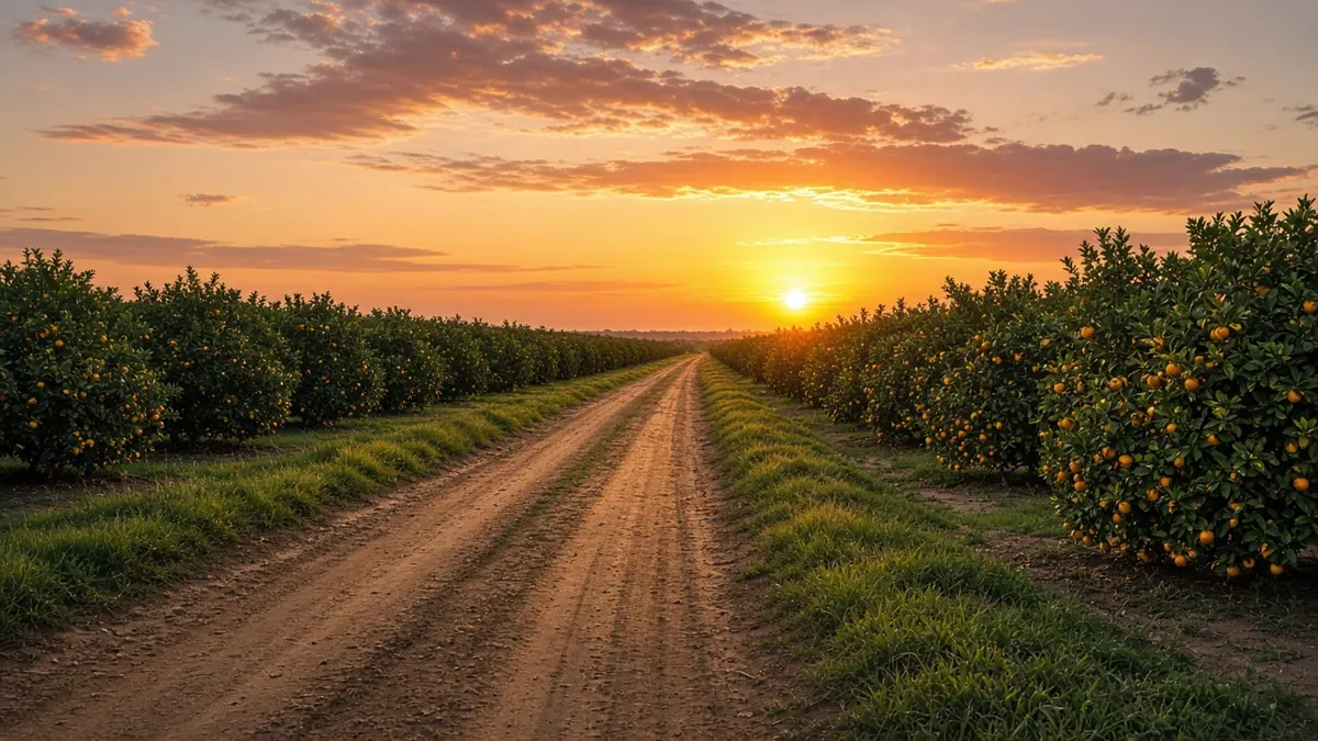 Illustration of a quiet Florida orange grove at sunset with a dirt road leading toward the horizon