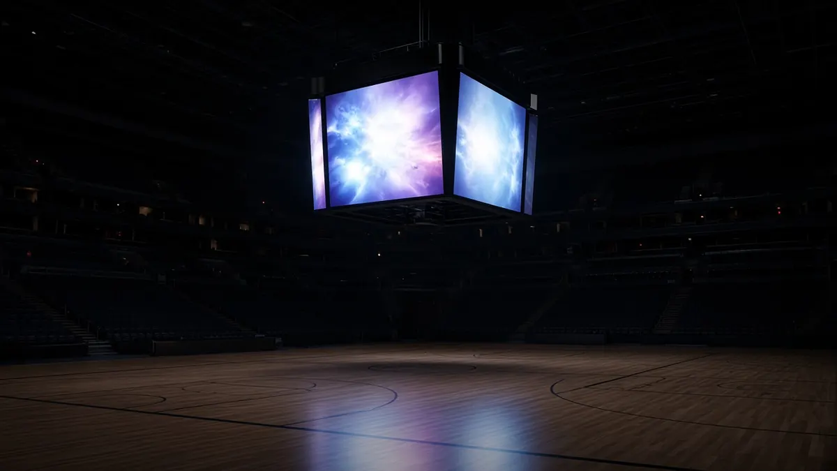 Illustration of a basketball arena scoreboard area glowing over an empty court after a game, with no readable numbers
