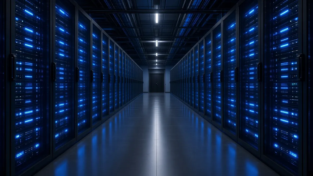 Illustration of rows of server racks glowing blue inside a large data center