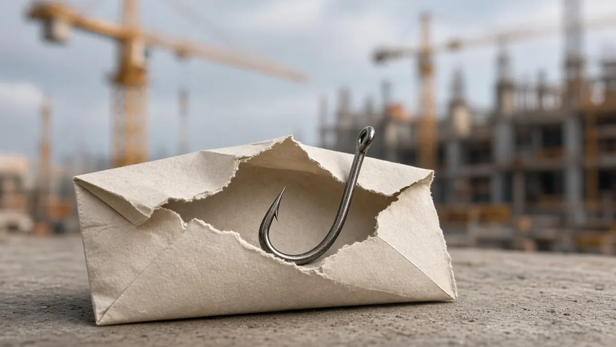Illustration of an email envelope icon split open with a fishing hook inside, set against a blurred construction site